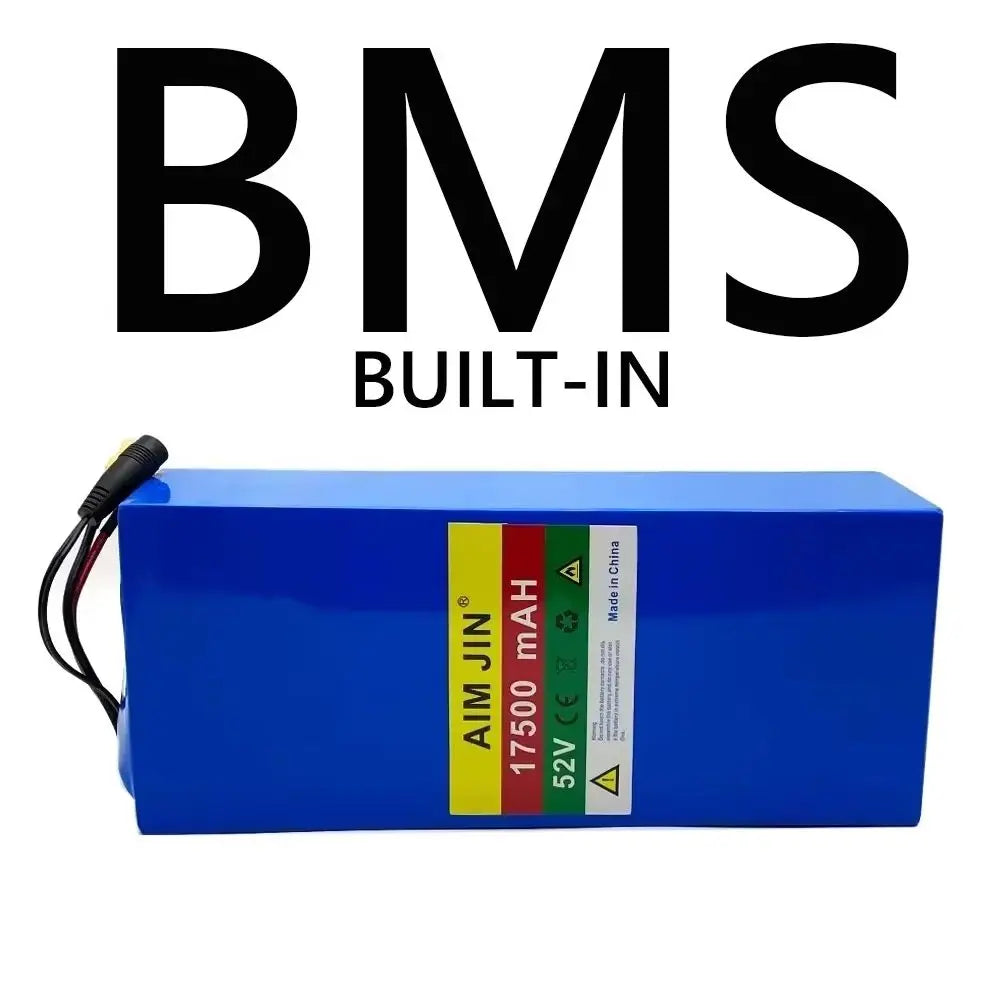 A blue rectangular lithium-ion battery with a black cable connector on the left, featuring a yellow, red, green, and white label that reads 'AIM JIN 17500 mAh 52V'. Large black text above reads 'BMS BUILT-IN' on a plain white background.