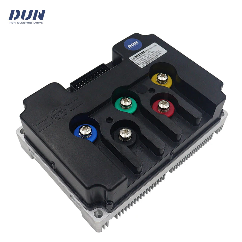 A black DUN electronic control module with colored terminal caps in blue, green, yellow, and red, shown on a white background with a DUN logo in the top-left corner.