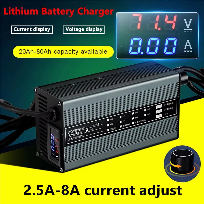 A black lithium battery charger with digital display showing 7.14V and 0.