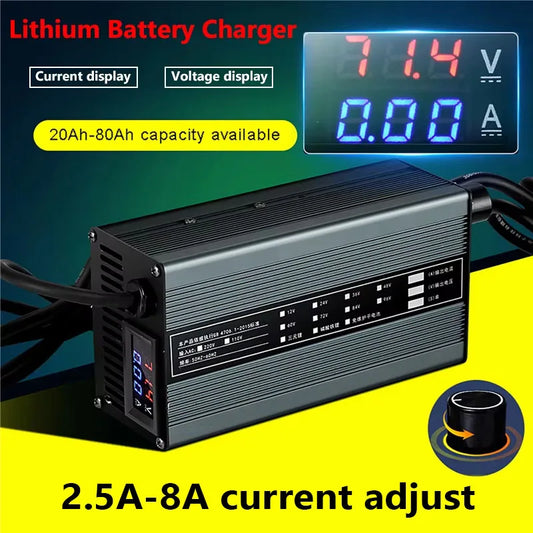 A black lithium battery charger with digital display showing 7.14V and 0.