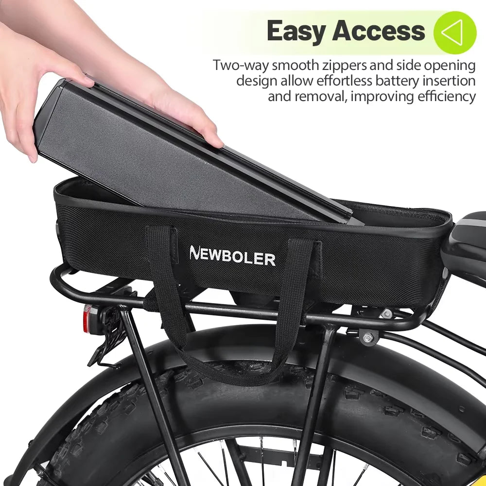 A black NEWBOLER bicycle battery storage bag mounted on a bike rack, with a hand lifting the lid to demonstrate easy access. The image includes a text overlay explaining the two-way smooth zippers and side opening design.