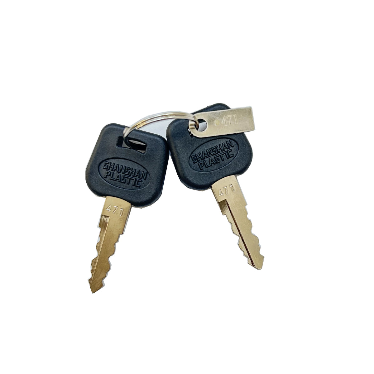 Two metal keys with black plastic heads embossed with 'SHANGHAI PLASTIC' on a white background.