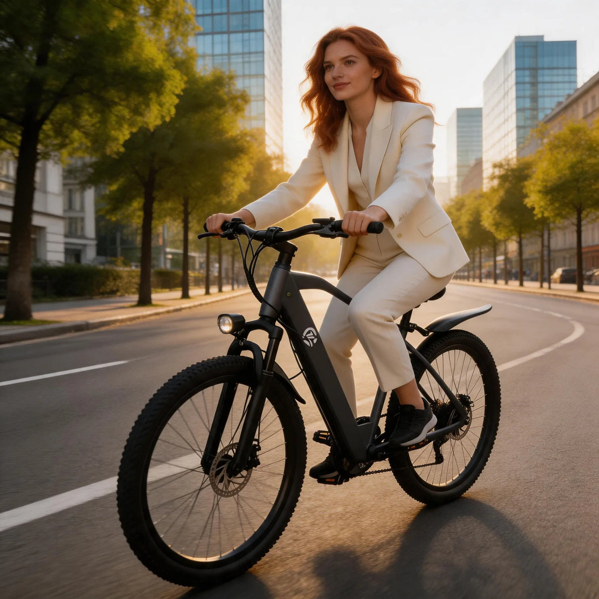 A woman in a cream-colored blazer and trousers rides a black electric bicycle on a city street during golden hour, with modern glass skyscrapers in the background.