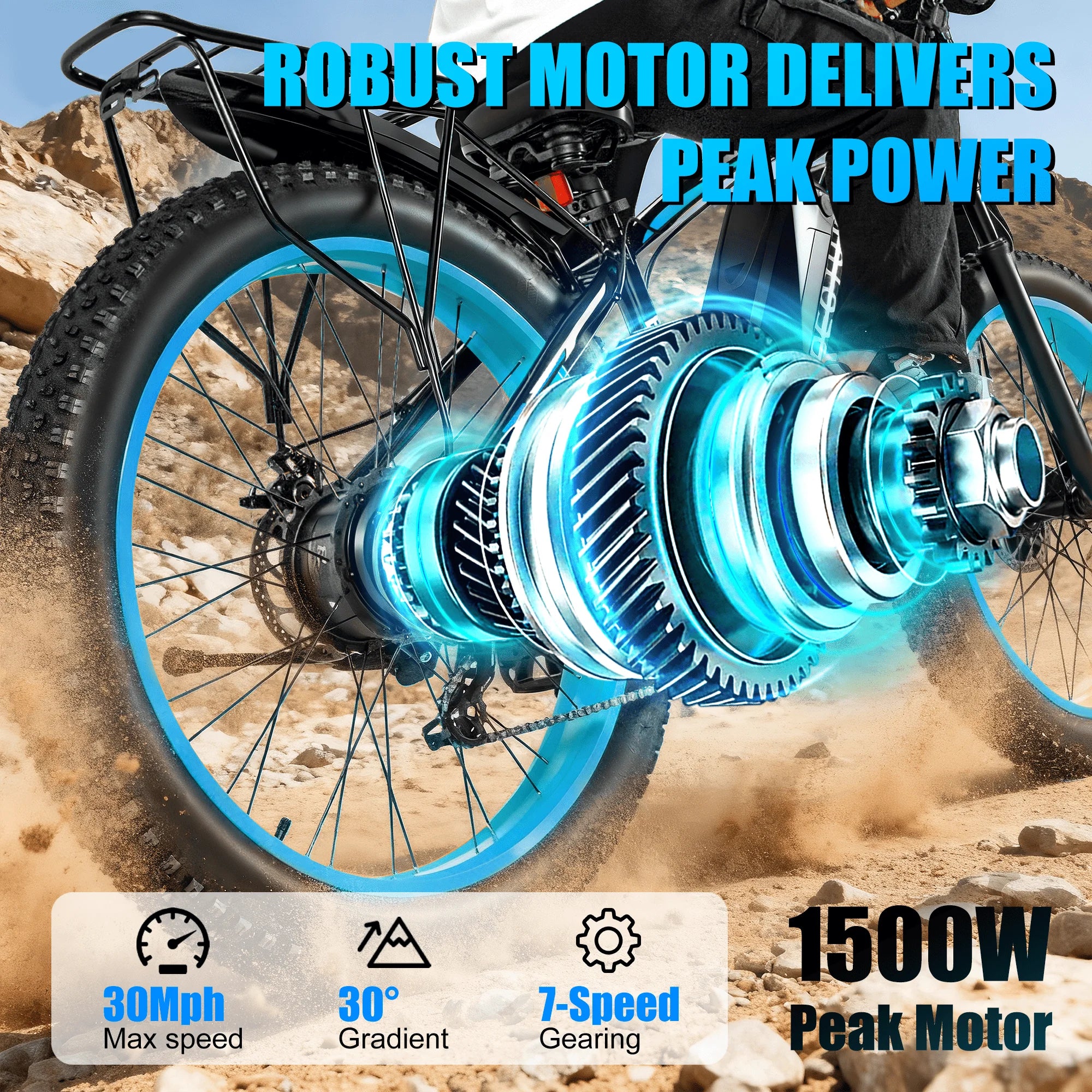 Motorcycle with a highlighted gear system and text about peak power and specifications.