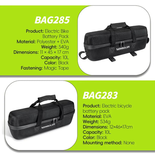 Two black electric bike battery packs shown on a bright green infographic-style background with product text. The top pack is labeled BAG285 and the bottom pack is labeled BAG283.