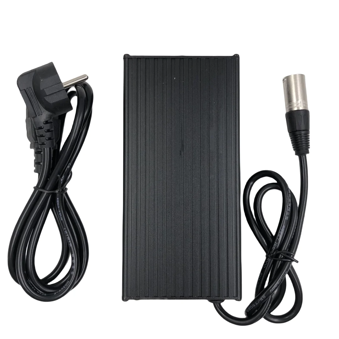 Black power adapter with plug and cable on a white background