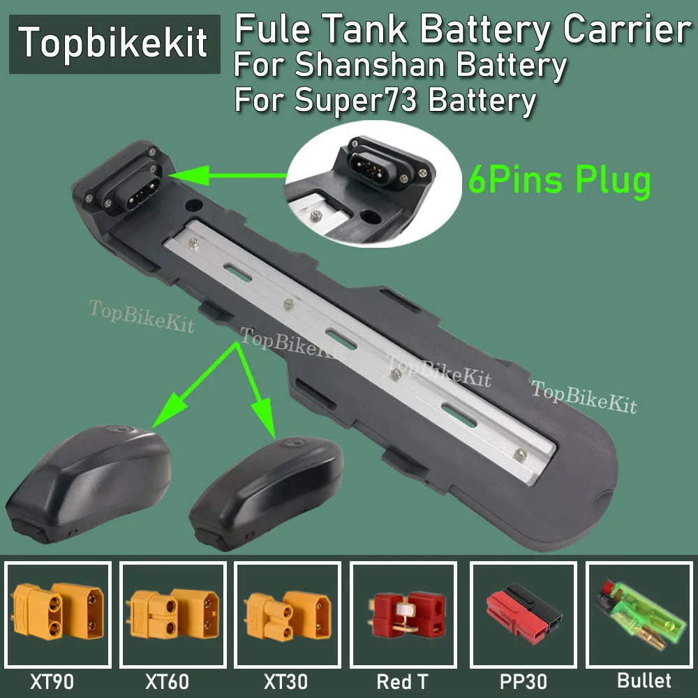 Black plastic battery carrier clip for Shanshan battery, featuring a 6-pin plug, shown with two mounting clips and various battery connector types on a green background.