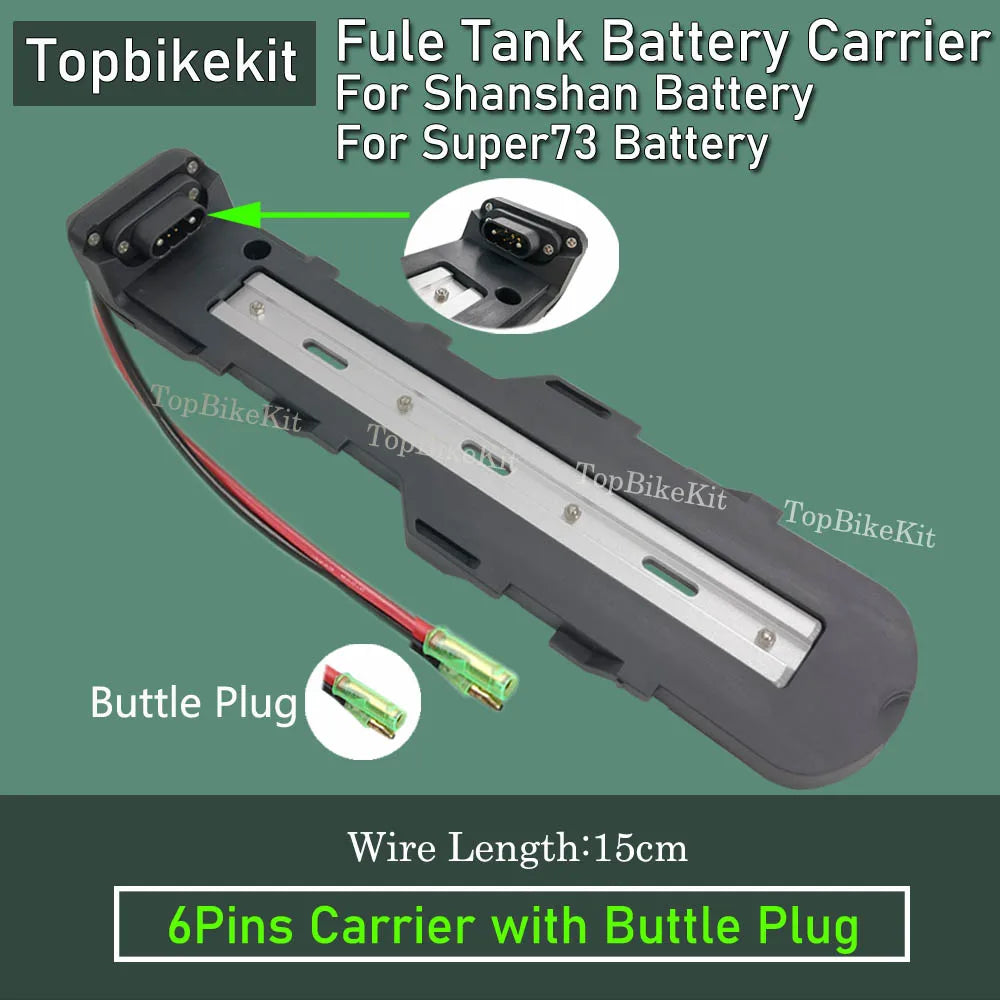 A black and silver battery carrier clip for Shanshan Super 73 batteries, shown with its wiring, a close-up of the butt plug connector, and text overlays detailing its specifications on a solid green background.