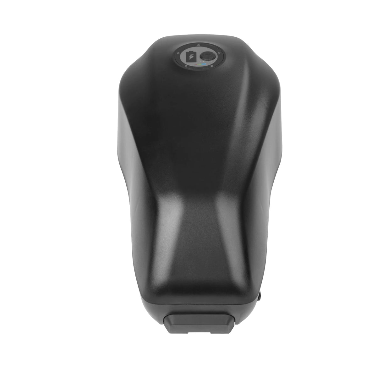 A matte black plastic battery or power pack with a circular logo badge on top, shown against a plain white background.