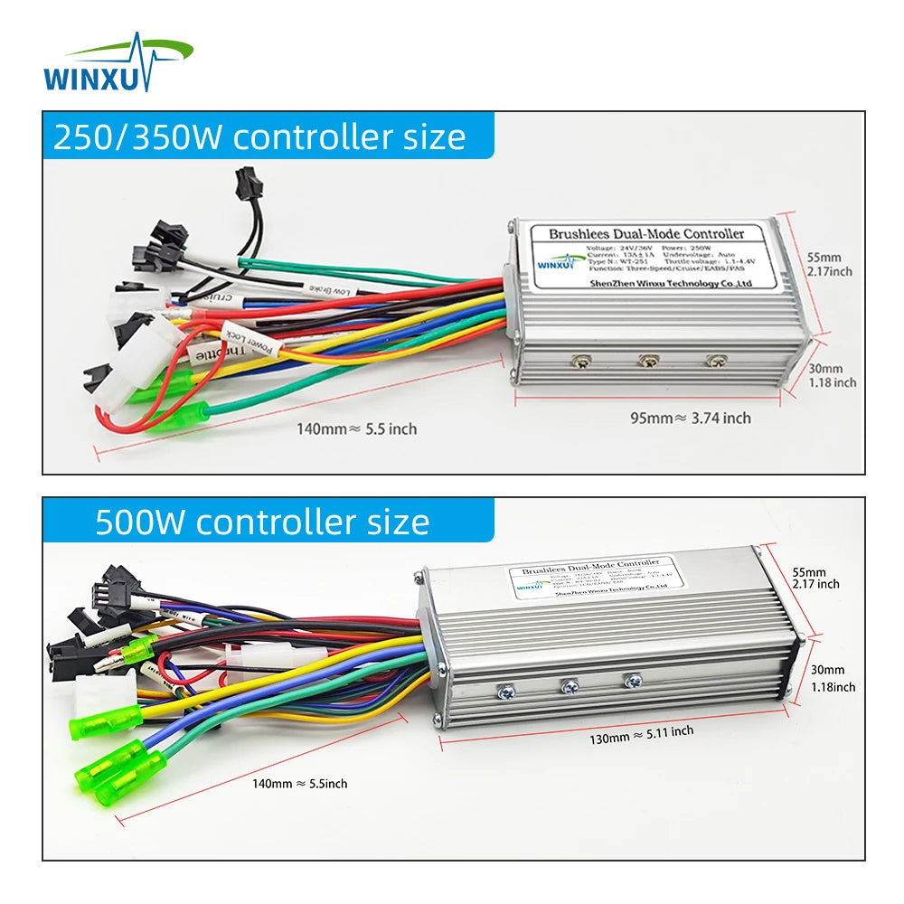 Two size comparison diagrams for a brushless dual mode controller, labeled 250/350W controller size and 500W controller size, showing the controller with attached wiring and dimension callouts on a white background with the WINXU logo.