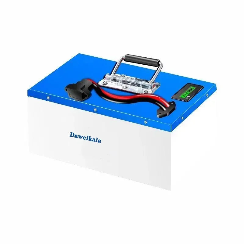 A portable battery with a blue top lid and white body, featuring a handle, red and black cables, a digital display, and the brand name 'Daweikala' printed on the front.