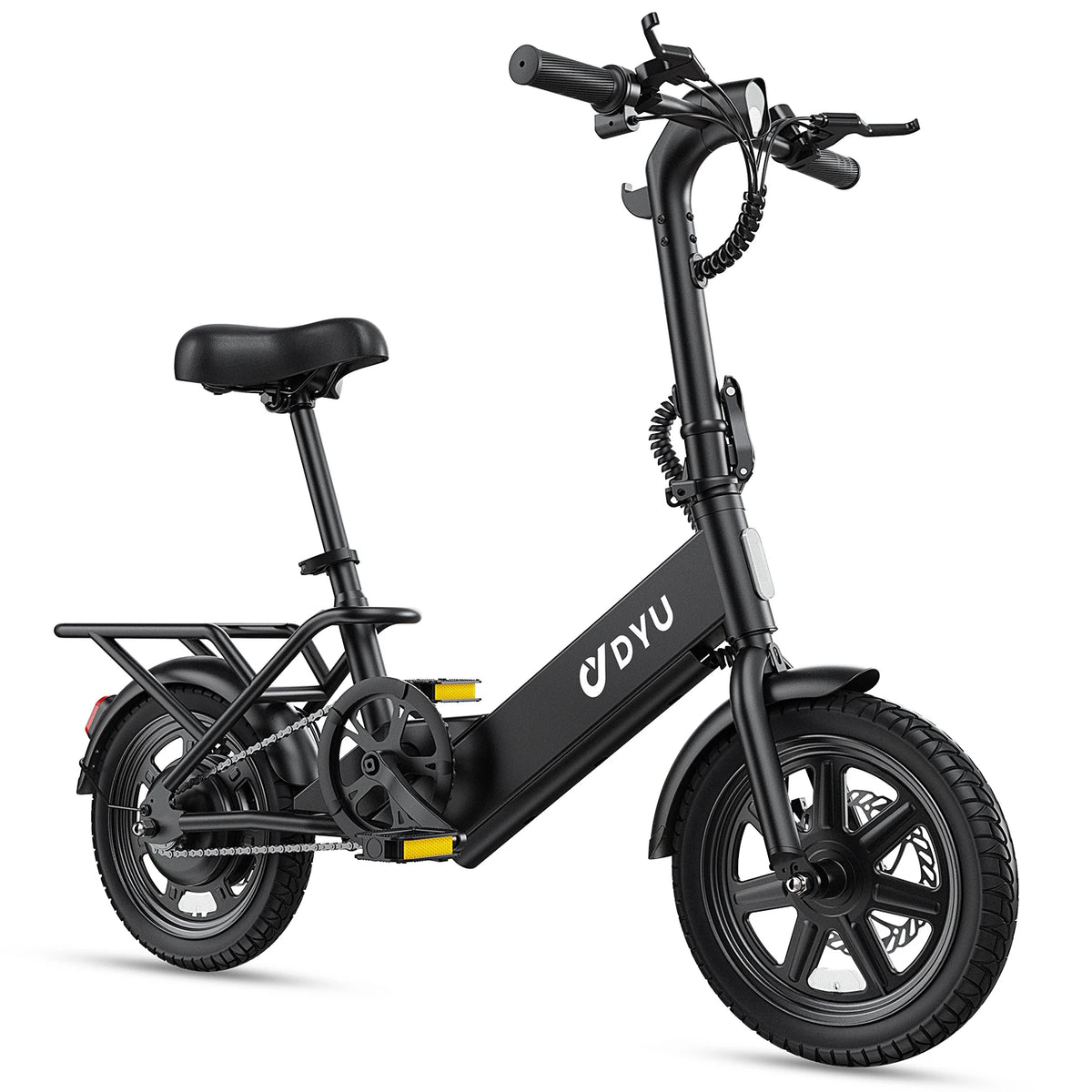 Black electric bike with DYU logo on a white background
