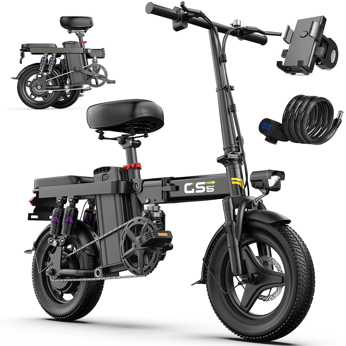 Black electric bike with GS branding on a white background