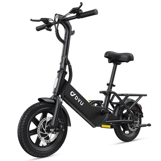 Black electric bike with 'DYU' branding on a white background