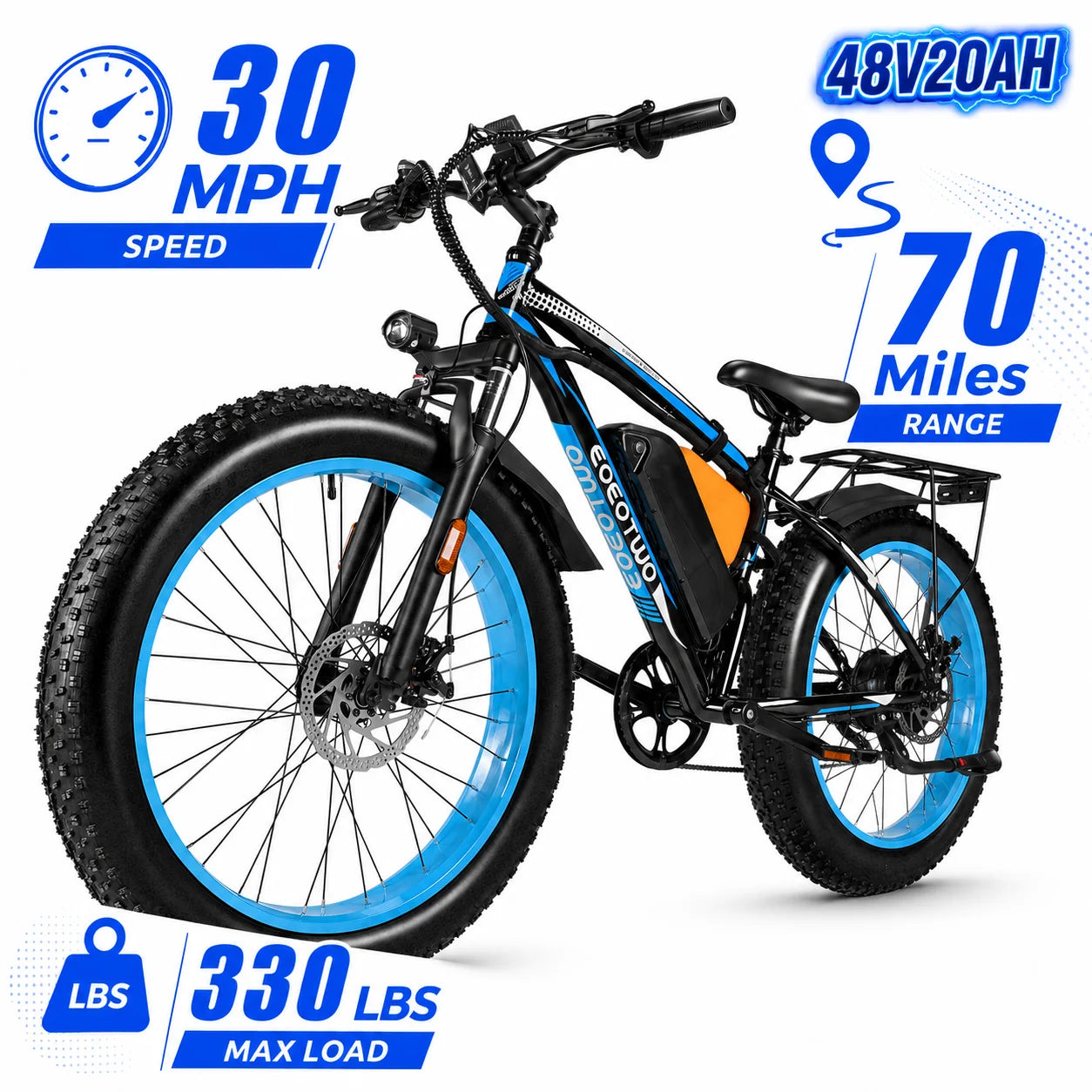 A fat-tire electric bicycle shown on a white background with promotional text overlays indicating 30 MPH speed, 70 miles range, 48V20AH battery, and 330 LBS max load. The bike is primarily black with bright blue accents on the rims and frame, plus a small orange accent panel.