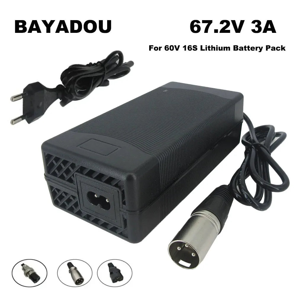Black Bayadou 67.2V 3A power adapter for a 60V 16S lithium battery pack, shown with a European plug and XLR connector on a white background with text and connector detail circles.