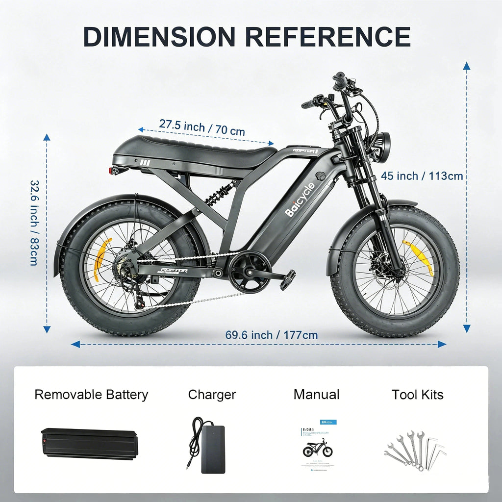 A dimension reference diagram showing a dark gray electric fat-tire bicycle with labeled measurements for length, height, and wheelbase, plus included accessories listed below on a white background.