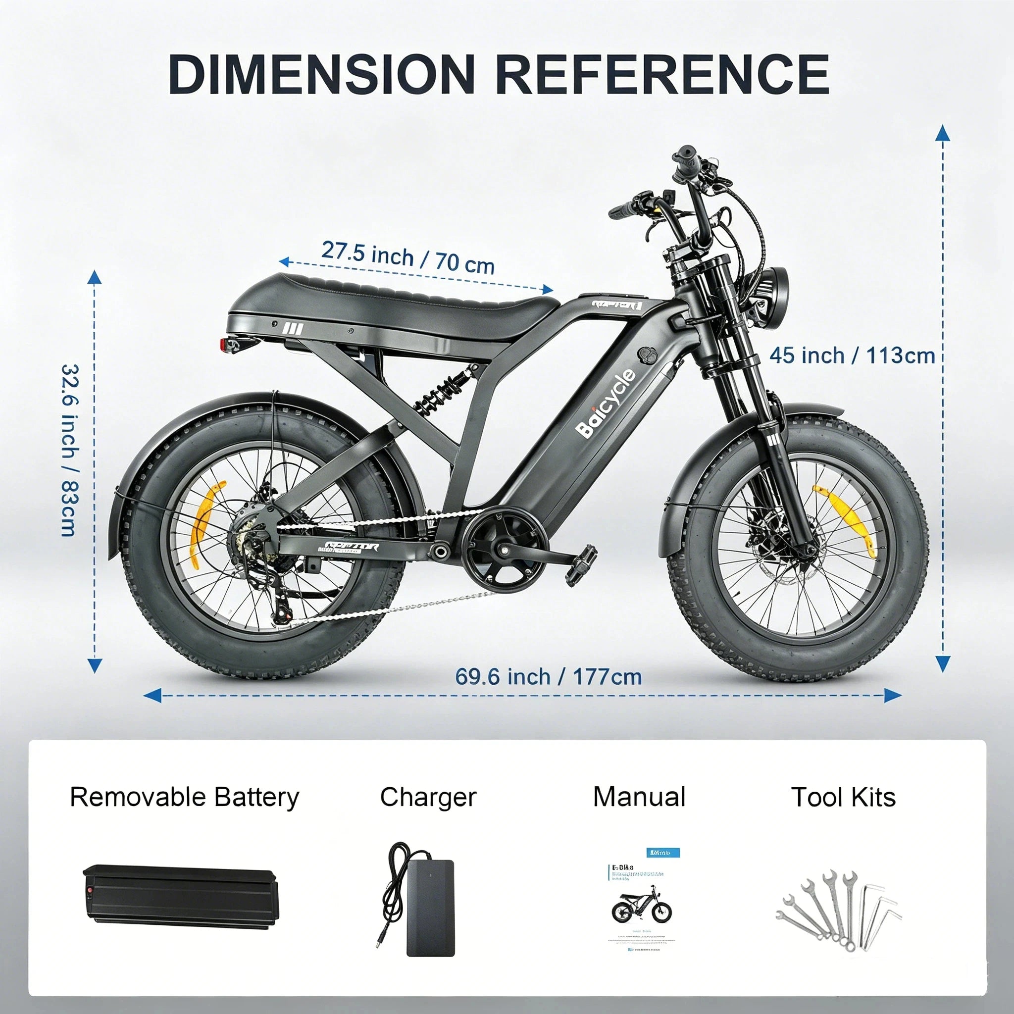 A dimension reference diagram showing a dark gray electric fat-tire bicycle with labeled measurements for length, height, and wheelbase, plus included accessories listed below on a white background.