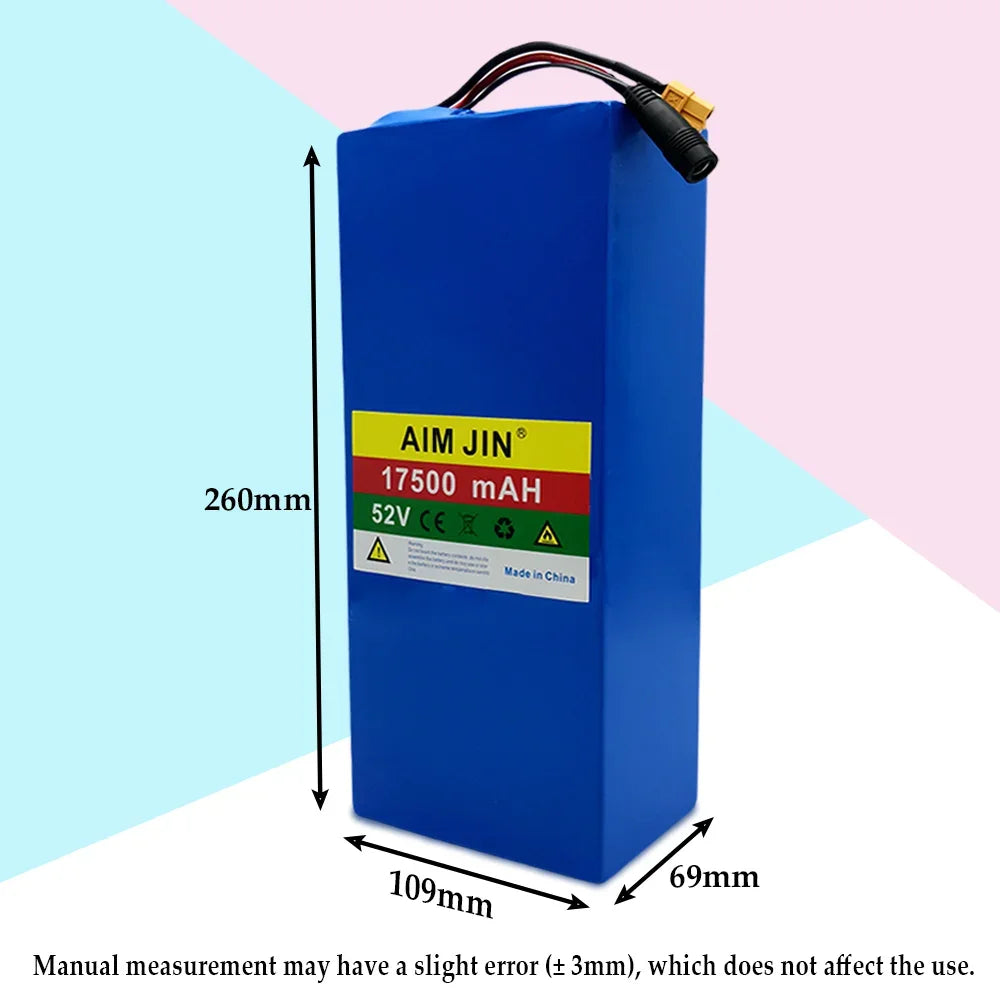 Blue rectangular lithium-ion battery with dimensions labeled 260mm x 109mm x 69mm, featuring a yellow, red, green, and white AIM JIN brand label on the front, set against a pastel blue and pink background.