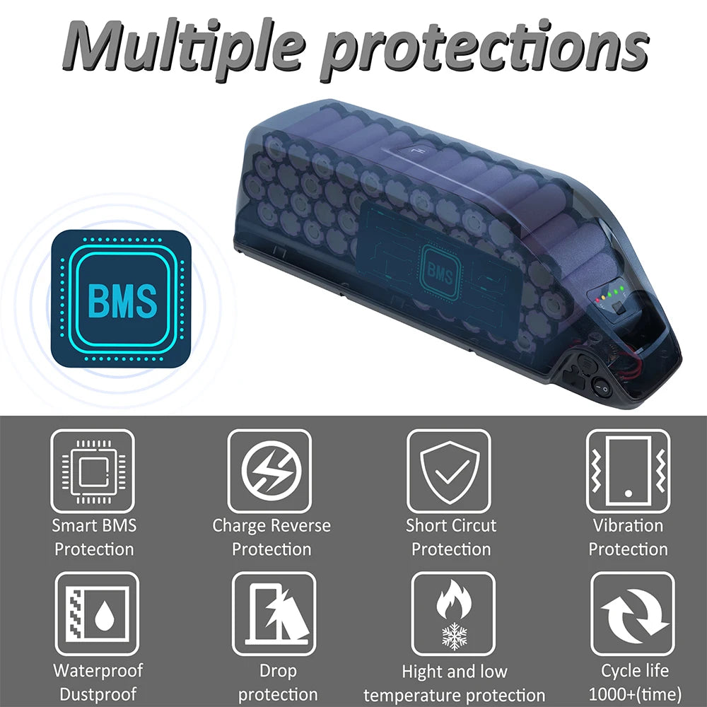 Battery pack with BMS protection features on a gray background