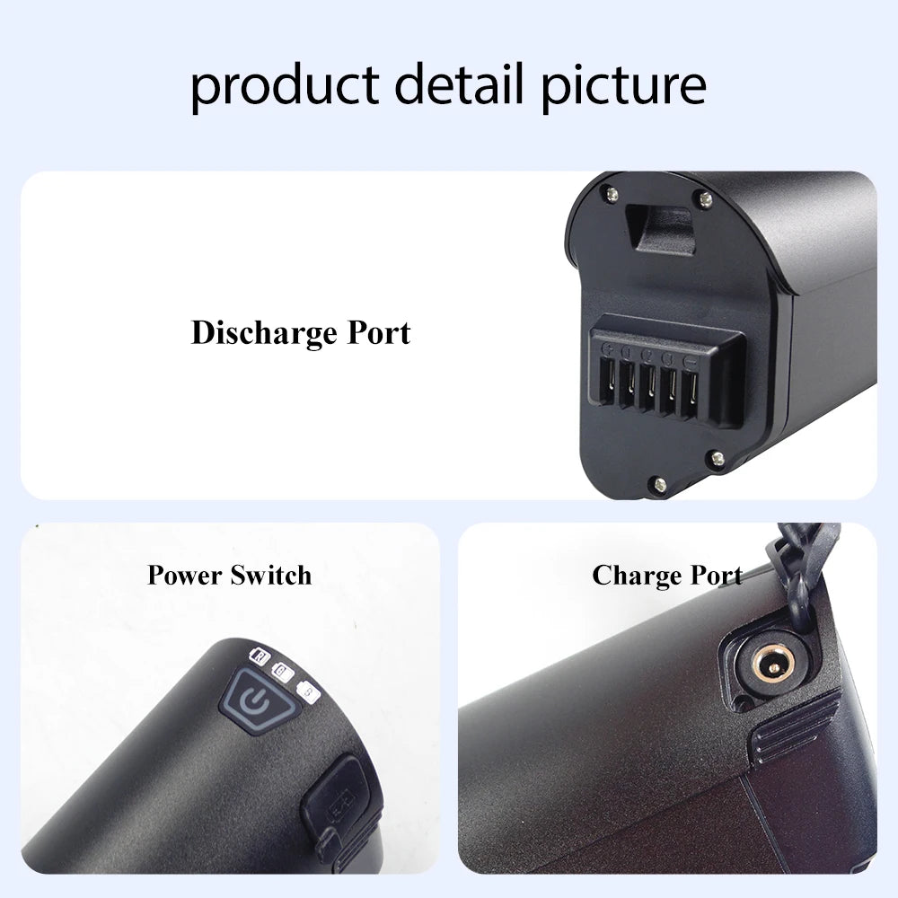 Product detail collage showing three close-up views of a black cylindrical battery or power device: a discharge port, a power switch, and a charge port, with text labels on a light background.
