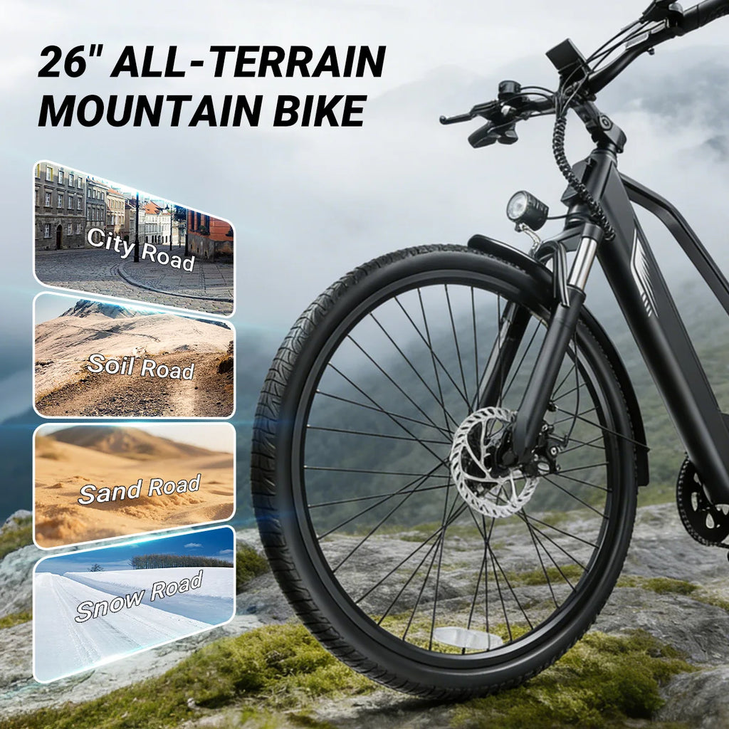 A 26-inch all-terrain mountain bike shown in a rocky outdoor setting with text reading '26" ALL-TERRAIN MOUNTAIN BIKE' and four inset road/snow images demonstrating use cases.