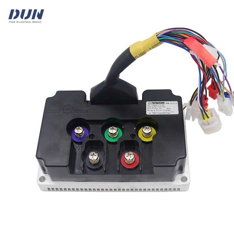 Electronic component with colored wires on a white background, featuring the brand 'DUJN'.