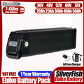ChamRizto SilverFish Ebike Battery Pack in black, shown with a 5A free charger and various voltage/capacity specifications on a white background with promotional text.
