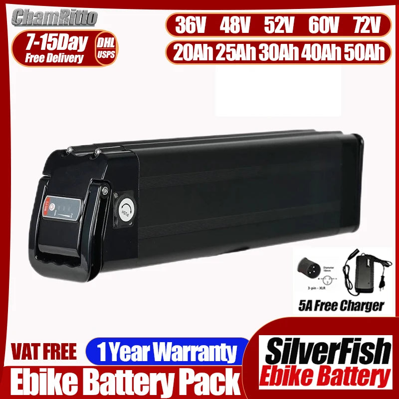ChamRizto SilverFish Ebike Battery Pack in black, shown with a 5A free charger and various voltage/capacity specifications on a white background with promotional text.