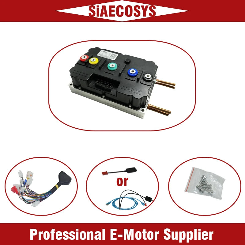 SiAECOSYS electric motor controller module with wiring harness and mounting hardware, shown on a white background with red header and footer banners.