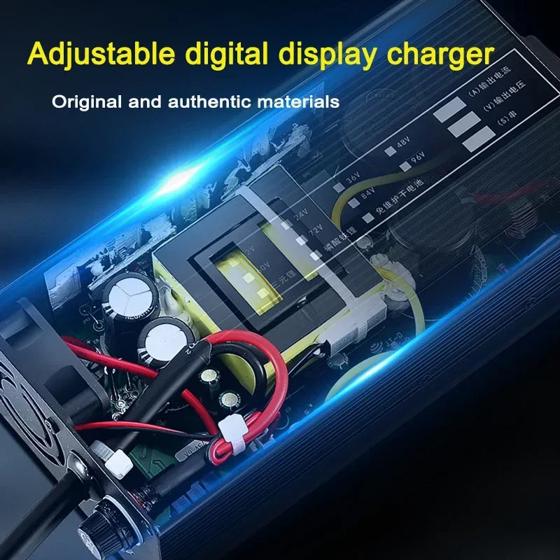 A close-up promotional view of a laptop charger interior with a transparent display panel showing internal components and Chinese label text. Large yellow text at the top reads 'Adjustable digital display charger' with smaller white text below, set against a dark background with blue light effects.