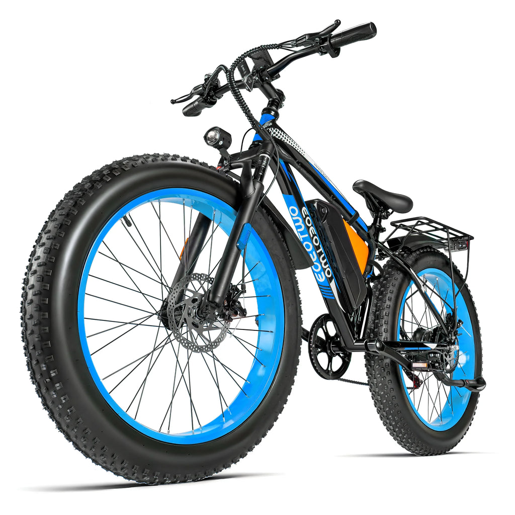 Electric bike with black frame and blue tires on a white background