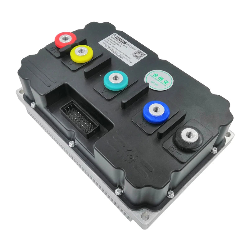 A black electronic control module with four colored terminal caps (red, yellow, teal, blue) and a silver metal base, photographed on a white background.