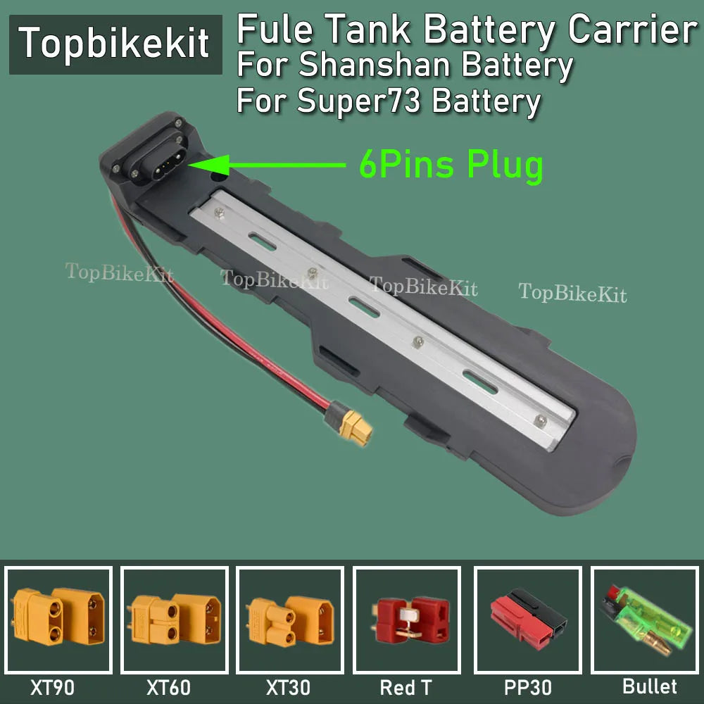 A black plastic battery carrier for Shanshan batteries, featuring a 6-pin plug connector with red and black wires. The image includes text overlays specifying compatibility with 'Fule Tank Battery' and 'Shanshan Battery For Super73 Battery', along with a row of connector types shown at the bottom against a solid green background.