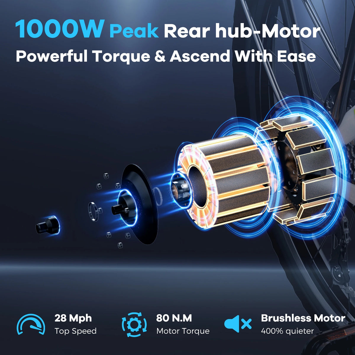 1000W peak rear hub motor with specifications on a dark background