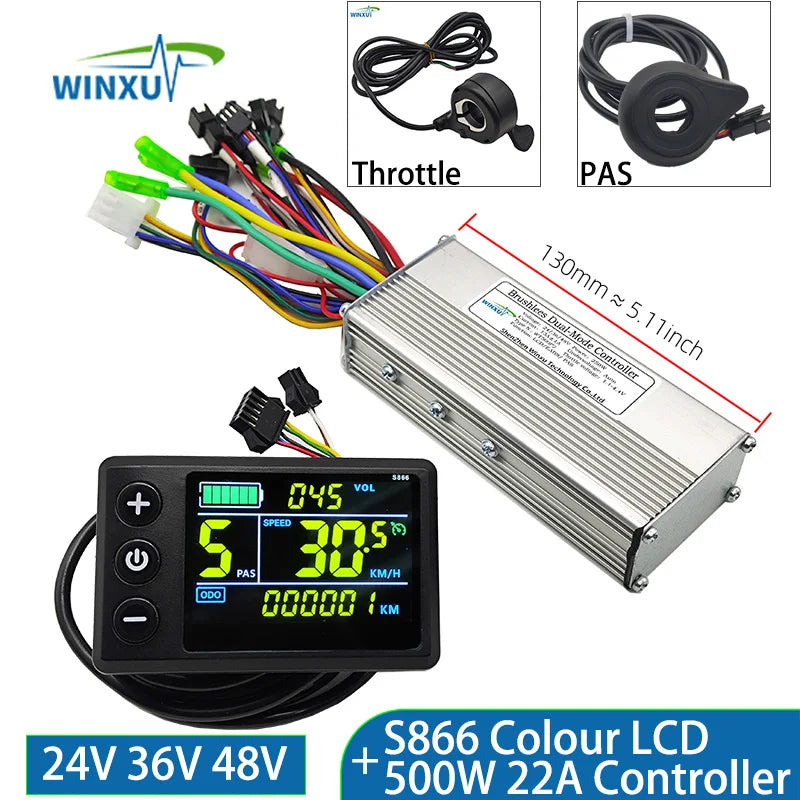 Winxu S866 colour LCD brushless motor controller kit, featuring a silver metal controller box, a black LCD display controller, a throttle sensor, a PAS sensor, and multicolored wiring, with dimension and voltage text overlays on a white background.