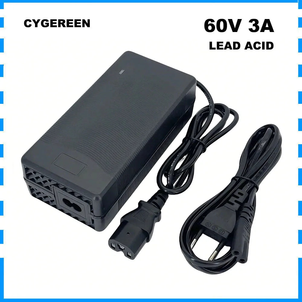 Black battery charger with power cord on a white background, branded 'CYGEREEN'.