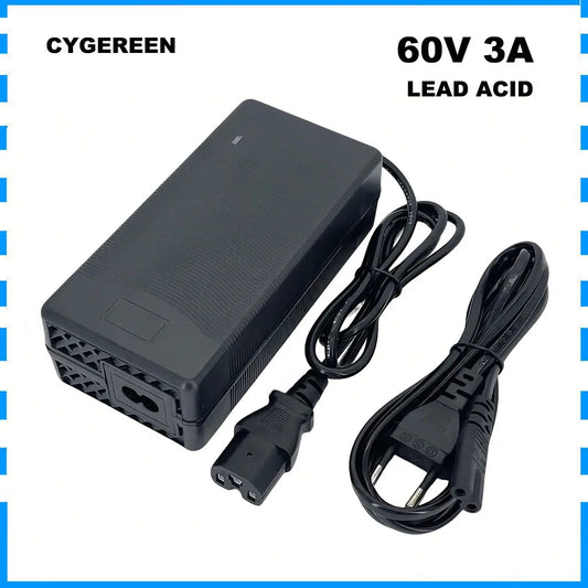 Black battery charger with power cord on a white background, branded 'CYGEREEN'.