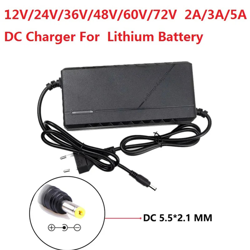 Black DC charger adapter with attached power cord and plug, shown on a white background with red text reading 'DC Charger For Lithium Battery' and a circular inset showing the DC 5.5*2.