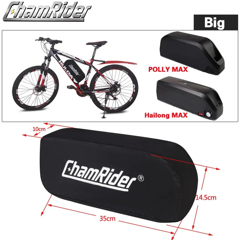 ChamRider electric bike battery packaging with bicycle and battery models on a white background
