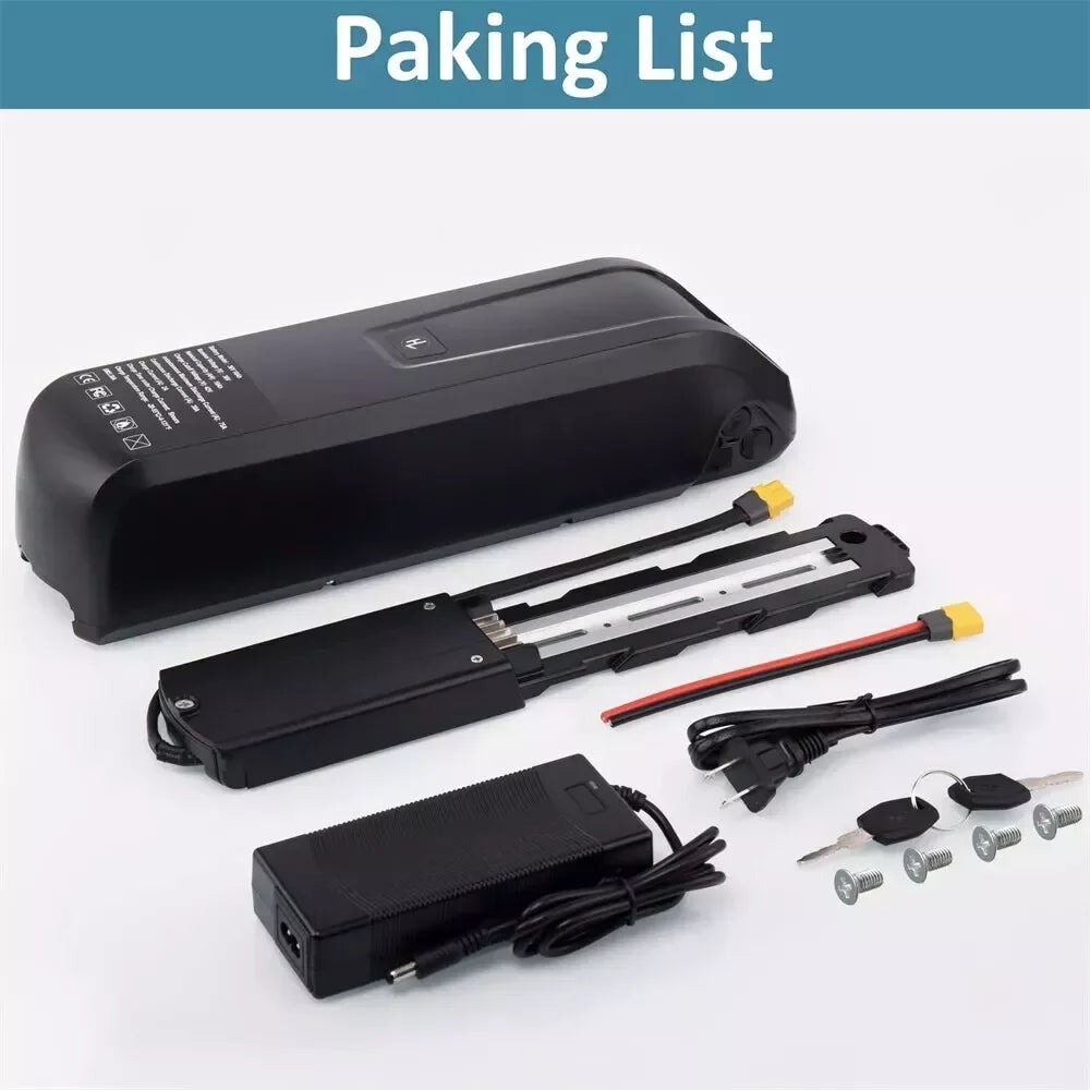 Packing list of electronic components including a black battery pack, connectors, and cables on a white background.