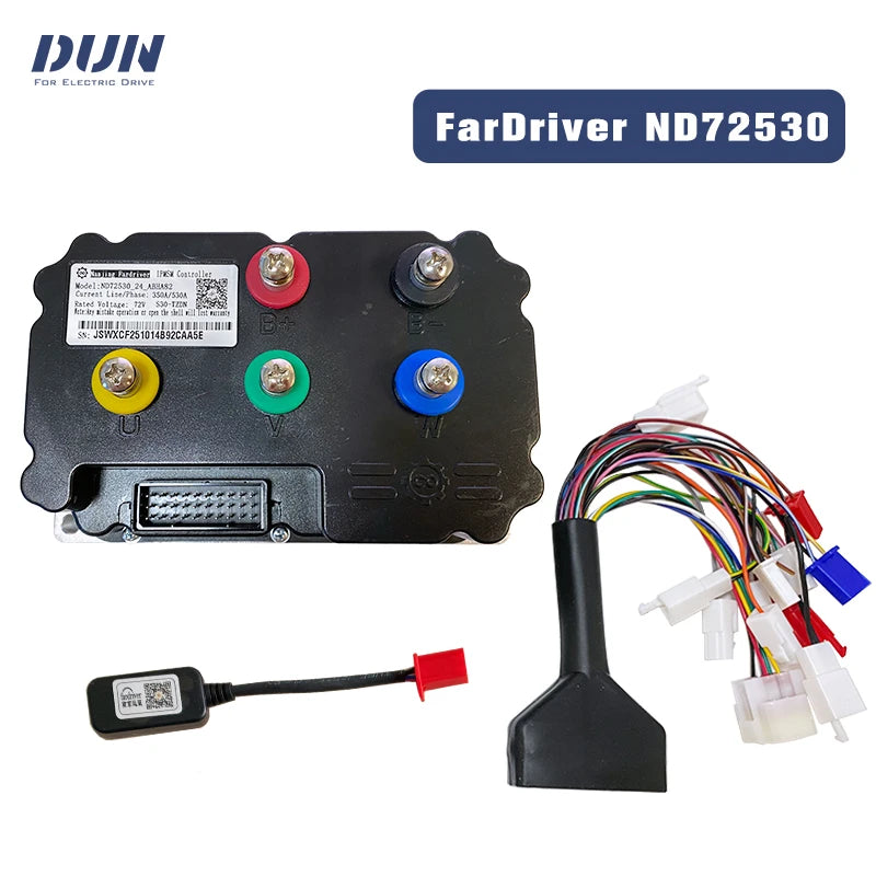 FarDriver ND72530 electric drive control module with wiring harness, connector adapter, and small diagnostic tool on a white background, featuring the DUN brand logo.