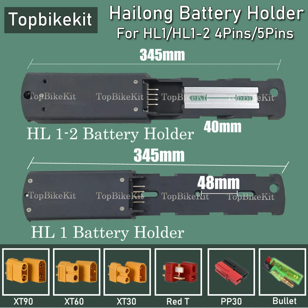 Topbikekit Hailong battery holder kit for HL1/HL1-2 4 pins/5 pins, showing two black battery holders with labeled dimensions 345mm, 40mm, and 48mm, plus small connector and red T component thumbnails along the bottom on a muted green background.