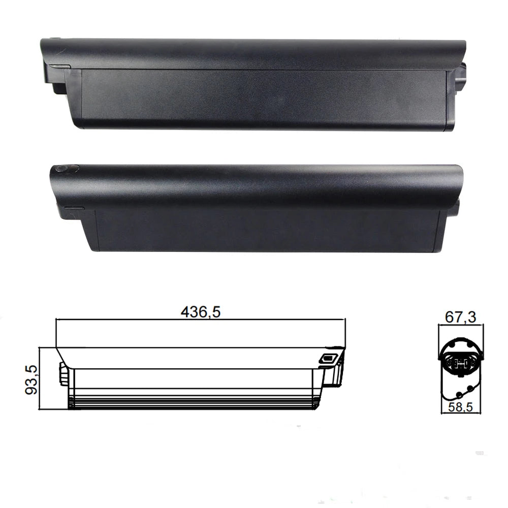 Two black rectangular battery packs shown from top and side views with printed dimensions: 436.5 mm length, 93.