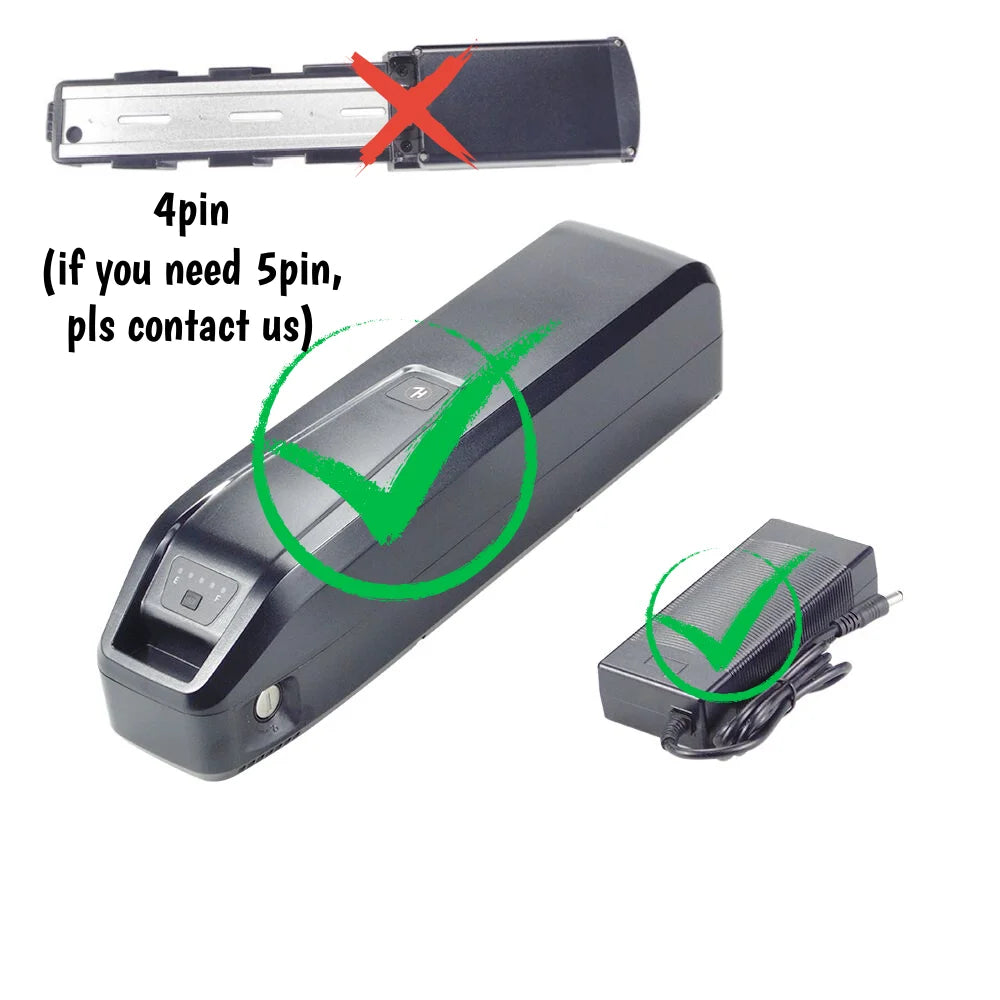 A black electronic sealing device shown with its power adapter on a white background, plus a separate metal component marked with a red X and text stating 4pin (if you need 5pin, pls contact us). Green check marks are overlaid on the main device and adapter.