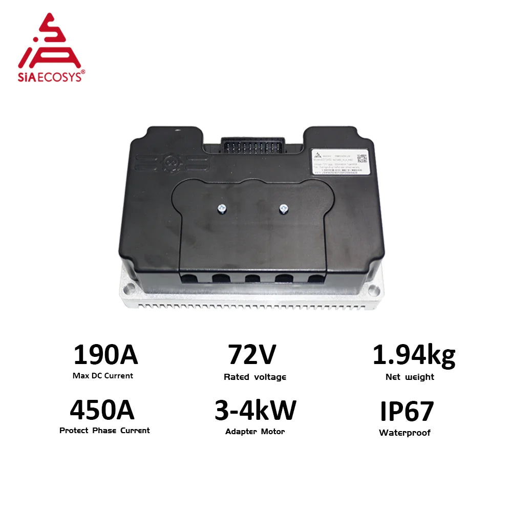 SIAECOSYS industrial motor controller module shown from the top on a white background, with technical specifications listed below: 190A max DC current, 72V rated voltage, 1.94kg net weight, 450A protect phase current, 3-4kW adapter motor, and IP67 waterproof.