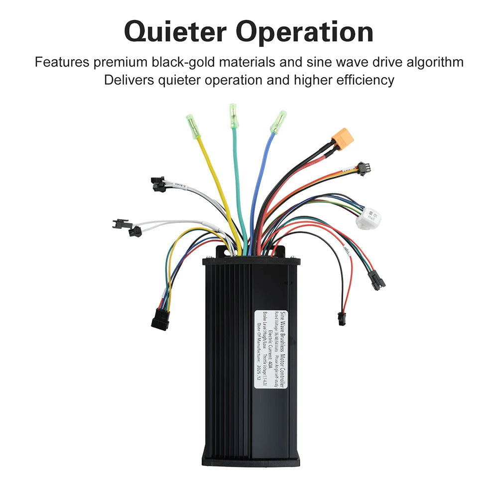 A black electronic motor controller with multiple multicolored wires and connectors, shown on a white background with promotional text at the top reading 'Quieter Operation'.