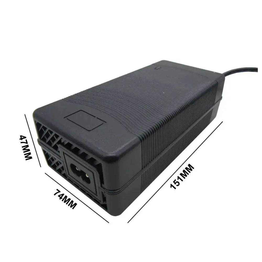Black power adapter shown on a white background with dimension lines and measurements labeled 47MM, 74MM, and 151MM.