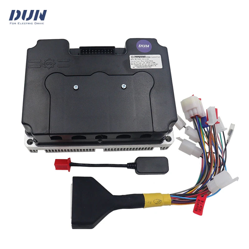 DUN electronic drive control module kit with a black main control box, multi-colored wiring harness connectors, a small black diagnostic tool, and a black connector probe, shown on a white background with the DUN brand logo in the top left corner.