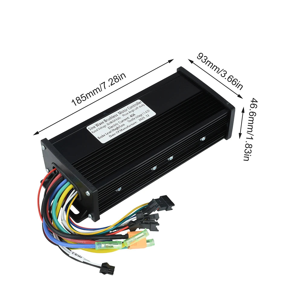 Black rectangular electronic control module with multicolored wiring harness and overlaid dimension arrows showing 185mm length, 93mm width, and 46.6mm height on a white background.